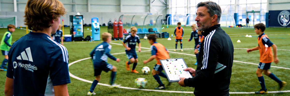 欧洲顶级足球青训营内部训练场景，小球员在进行战术演练