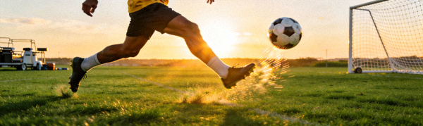 足球运动员在训练中练习任意球，背景是夕阳下的训练场